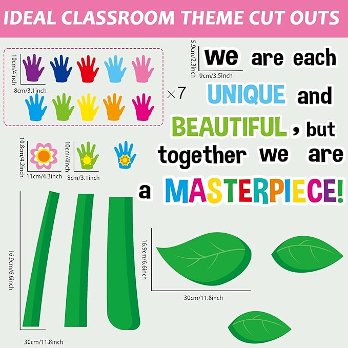 gisgfim Classroom Bulletin Board Decoration Set Wall Door Decor Spring Hands Tree Colorful Handprint Classroom Decorations for Kindergarten Preschool Elementary Middle School(We are Each Unique and...
