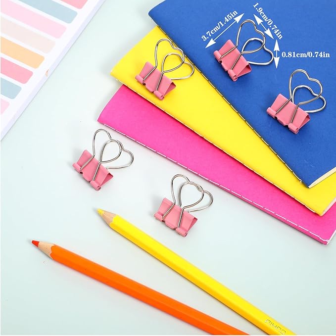 15 PCS Pink Heart Hollow Out Metal Binder Clips, Heart Shape Binder Clips Notes Letter Paper Clip for Paperwork School Home Office