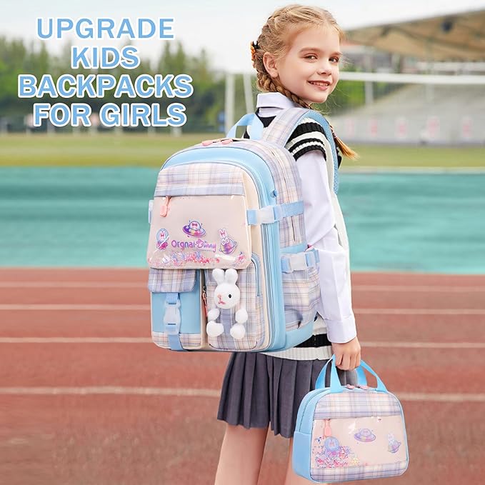 Girls Backpack Set, 3PCS Kids Backpacks for Girl, Kawaii Bunny School Backpack for Girls Kindergarten Elementary Preschool Middle School Bags with Lunch Box Pencil Case Blue-Plaid