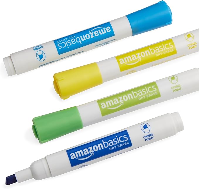 Amazon Basics Dry Erase Whiteboard Markers, Chisel Tip, Low-Odor, Assorted Colors, 12-Pack, Erase Easily