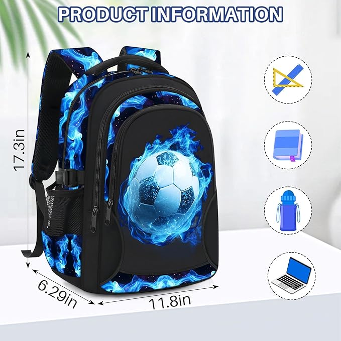 Kids Backpack for Boys - Soccer Boys Backpacks for Kids Teens Elementary Middle School, 17″ Large Capacity Students Bookbag, Perfect for Travel and School