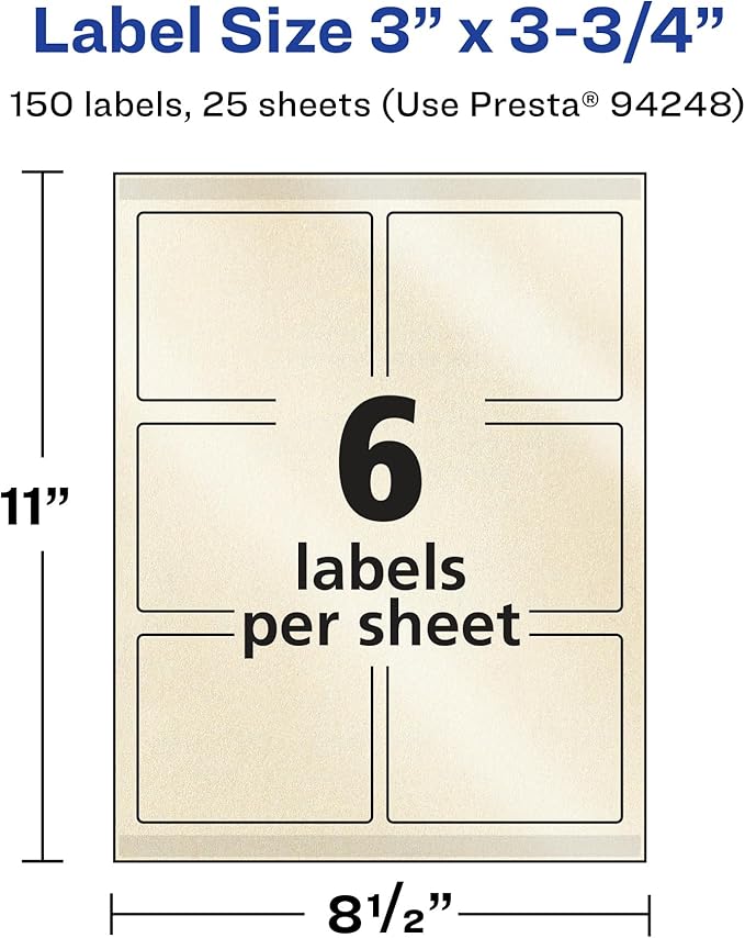 Avery Pearlized Ivory Rectangle Labels, Sure Feed Technology, Print-to-The-Edge, 3" x 3.75", 150 Pearlized Ivory Labels, Laser/Inkjet Printable