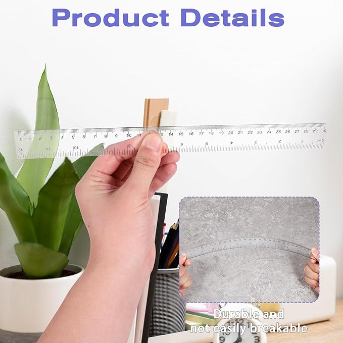 7PCS Geometry Math Set Plastic Clear 45/60 Degree Triangle Ruler 12 and 6 Inch Math Ruler 4 and 6 Inch Protractor and Compass Set with Box Measuring Tools for Students Teachers Office Supplies
