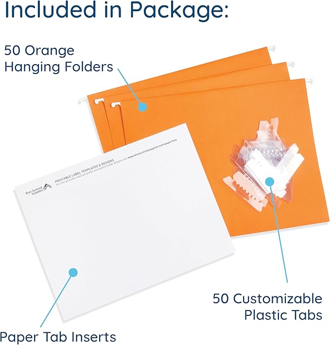 Blue Summit Hanging File Folders, Letter Size, Orange, Great for Organizing and Easy File Storage, 50 Per Box