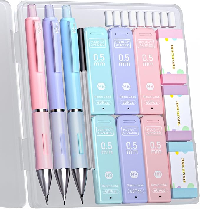 Four Candies Cute Mechanical Pencils 0.5 mm, Pencil Set with 360PCS Lead Refills & Pastel Erasers, School Supplies with Case