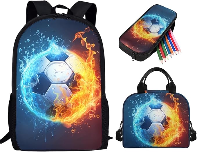 Soccer Backpack for School Water & Fire Soccer Ball Backpack with Lunch Box Kids School Bookbag 3 in 1 Set School Bag with Lunch Bag Pencil Case, Large Lightweight Kids Backpack for School