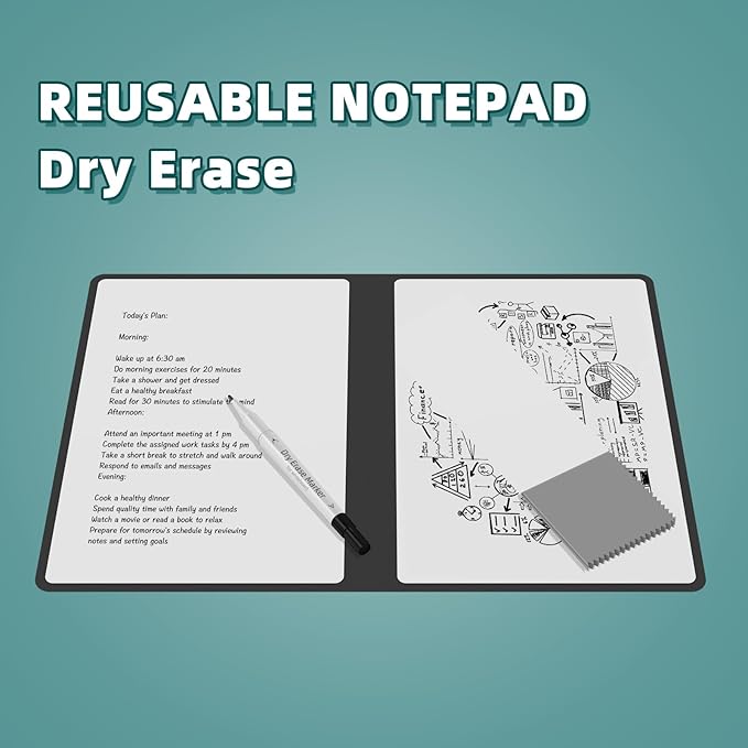 Portable Dry Erase Board,Reusable Whiteboard Notebook, Double-Sided White Board PU Cover 9.5"x6.6" with Marker,Wipe Cloth (Retro Green)