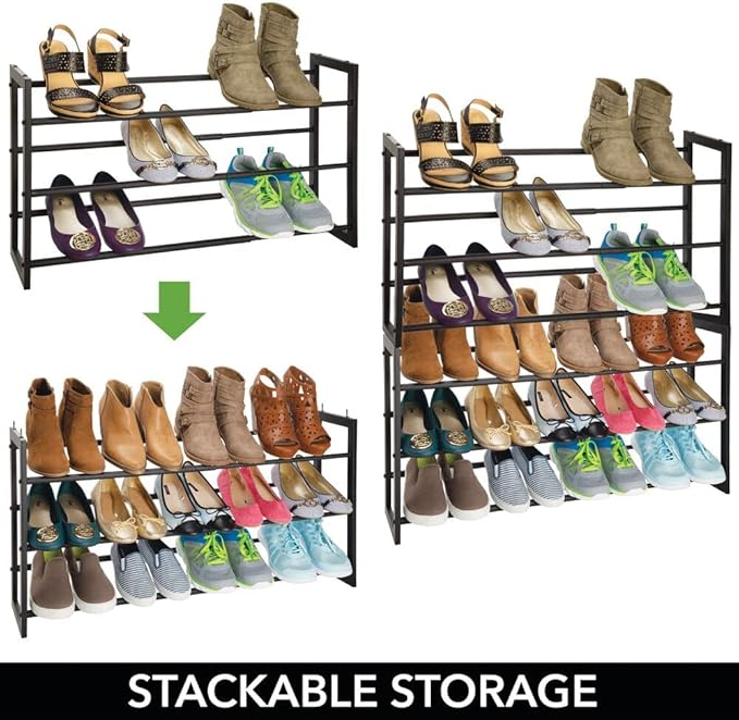 mDesign Metal 3 Tier Adjustable/Expandable Shoe and Boot Storage Organizer Rack - Space-Saving, Angled Vertical Storage - Closet, Entryway, Mudroom, Bedroom, Garage - Black