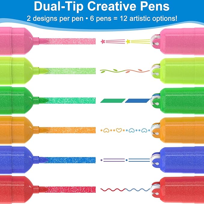 AECHY Dual Tip Glitter Highlighters Set, 6 Colors-Changing Fun Line Style Pens for Writing, Drawing, Sparkle Markers Ideal for Students, Artists, Journaling, Office & School Supplies(6 Pack)