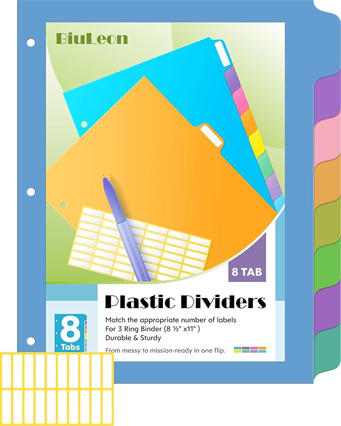 8 Tab Binder Dividers for 3 Ring Binder, 1 Set/8 Count, Thicken, Write & Erase Reusable Waterproof Plastic Binders for School & Office Files, Extra 20 Labels