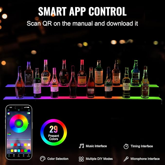 VEVOR LED Lighted Liquor Bottle Display, 2 Tiers 60 Inch Commercial Illuminated Home Bar Shelf, 2 Steps Whiskey Rack Stand, Acrylic Drink Shelves with RF Remote & App Control, and Multicolor Light