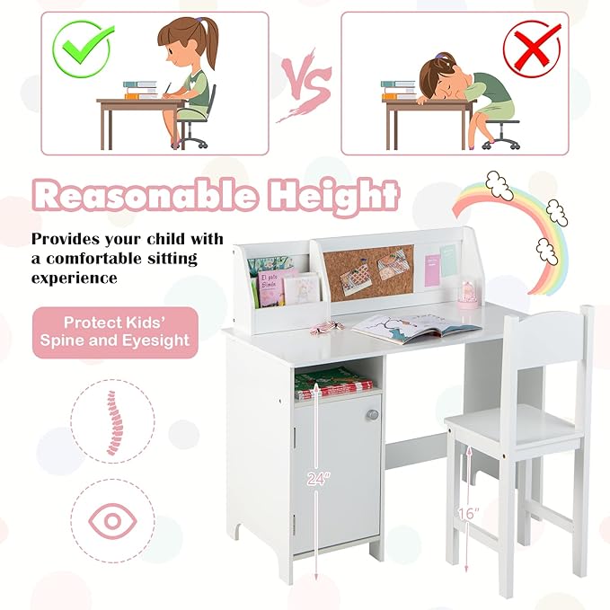 Costzon Kids Desk and Chair Set, Wooden Children Study Table with Storage, Hutch, Cork Bulletin Board, Whiteboard & Marker, Student Computer Workstation Writing Desk for Kids Bedroom, School, White