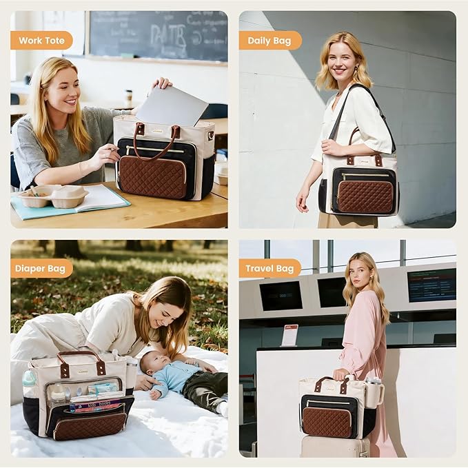LOVEVOOK Insulated Lunch Bag, Large Capacity Tote with Lunch Compartment, Laptop Bag with Cup Holder, Work Bags for Women, Nurse Lunch Tote for Office, Picnic, 17.3 Inch Black-Beige-Brown