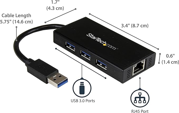 StarTech.com USB 3.0 Hub with Gigabit Ethernet Adapter - 5Gbps - 3 Port - NIC - USB Network / LAN Adapter - Windows & Mac Compatible , TAA (ST3300G3UA)