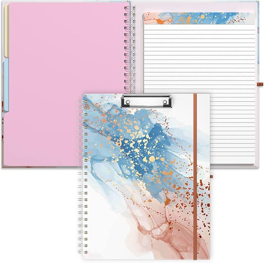 Rimilak Spiral Clipboard Folio with Refillable Lined Notepad, 14.5 x 9.8 In, Hardcover Cover with 5 Interior Pockets, Elastic Band and Pen Loop Series. Cute Stylish Clipfolio, Abstract Marble