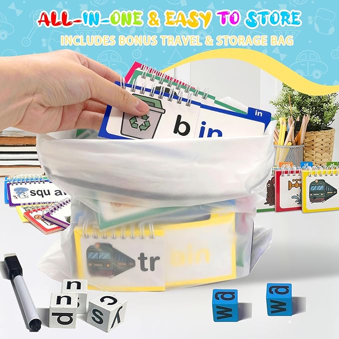 30 Word Family Flip Books, 3-in-1 Read and Rhyme Flip Activity Book Set, ABC Vocabulary Flash Cards, Sight Words Flashcards, Learn to Read Phonics Cards for Kindergarten, Homeschool Supplies