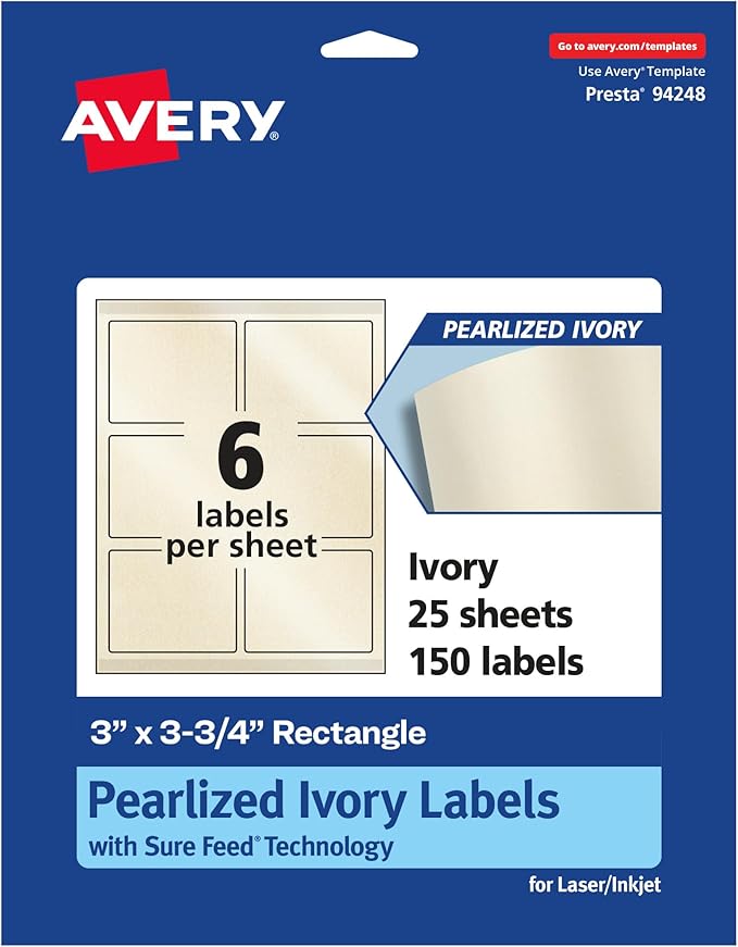 Avery Pearlized Ivory Rectangle Labels, Sure Feed Technology, Print-to-The-Edge, 3" x 3.75", 150 Pearlized Ivory Labels, Laser/Inkjet Printable