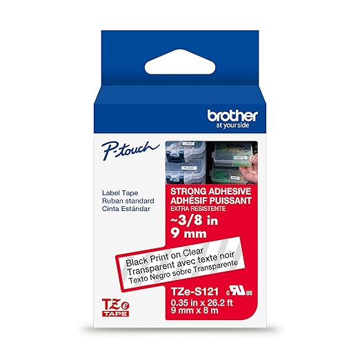 Brother Tape, Black on Clear Extra Strength, 9mm (TZeS121)