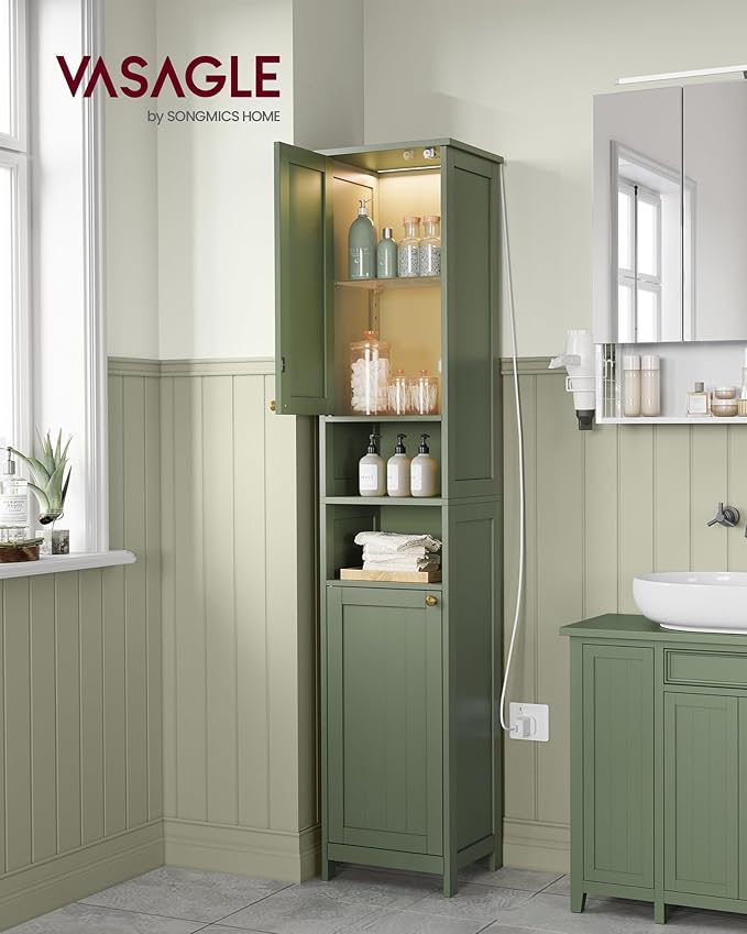 VASAGLE Tall Bathroom Cabinet with Lights, Slim Freestanding Bathroom Storage Cabinet with Adjustable Shelves, for Small Spaces, Modern, 15.7 Inches Wide, Forest Green UBBC766C01