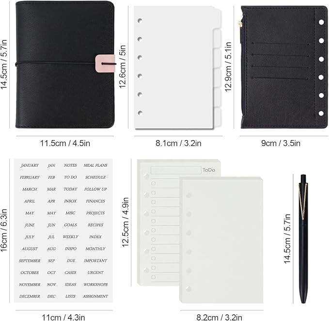 Koqye A7 Refillable Planner Small Binder Notebook 6 Ring, Portable PU Leather Organizer with Zippered Pocket, To-Do & Blank Refill Papers, Dividers, Monthly Sticker, Pen, for Students, Professionals, Travel (Black & Pink)