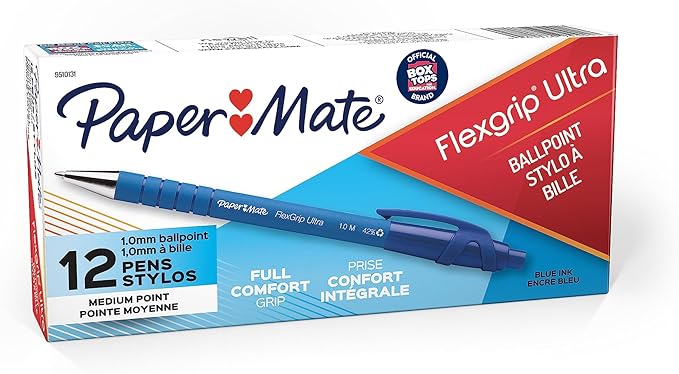 Paper Mate FlexGrip Ultra Retractable Ballpoint Pens, Recycled, Medium Point (1.0mm), Blue Ink, 12 Count - Rubberized Full Comfort Grip, Office, Teacher Supplies