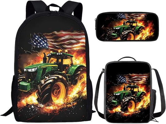 CLOHOMIN Fire Tractor Backpack and Lunchbox for Kids Boys American Flag School Bag Set of 3 with Lunch Bag Pencil Case Age 10-12 Elementary Book Bag and Lunch Tote for Girls 5th Grade