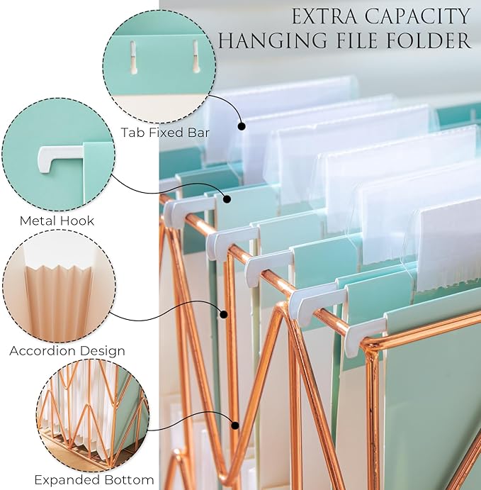 Y YOMA Letter Size - 6 Pack Extra Capacity Hanging File Folders Accordion Decorative Reinforced File Folder Cute Colored Expandable Folder for Office Home with 1/5-Cut Adjustable Tabs, Teal Blue