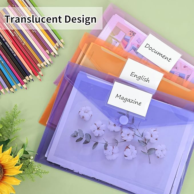 EOOUT 30 Pack 10 Color Plastic Envelopes Poly Envelopes, Hook & Loop Closure File Folders Clear Document Folders File Envelopes with Label Pocket A4 Size