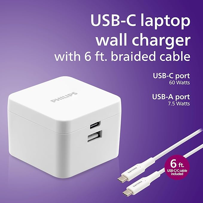 Philips USB Wall Charging Kit, 60W GaN USB C Charger Block with 6ft Braided Cord, Dual Port USB Cube for iPhone 16 Series, 15 Series, iPad Pro, Foldable Plug, White Charging Box, DLP3523W/37