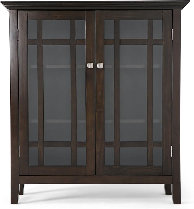 SIMPLIHOME Bedford Storage Cabinet - 39 inch Wide Solid Wood Medium Cabinet in Dark Tobacco Brown, Transitional Console for Living Room, Entryway, or Dining Room with Glass Doors and Shelves