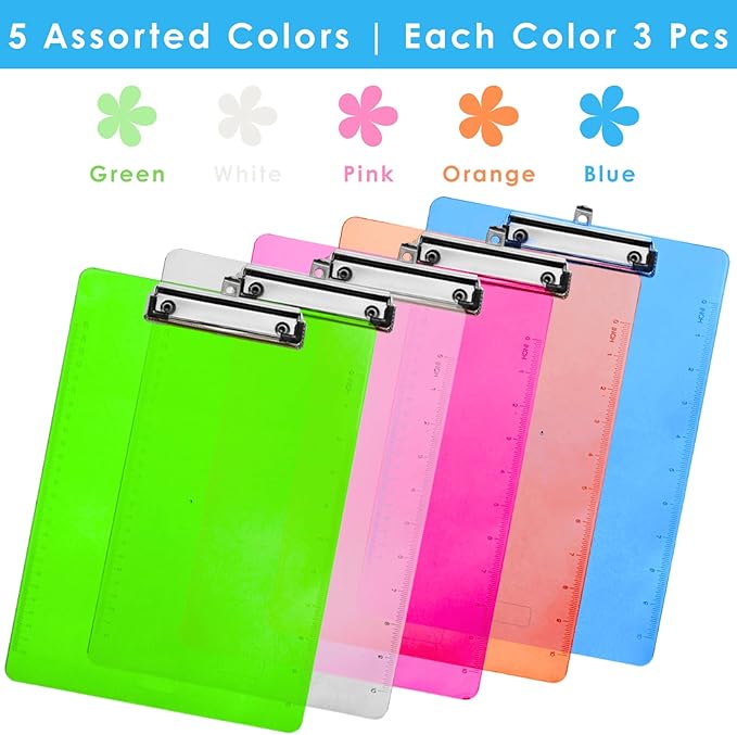 YOUEON 15 Pack Plastic Clipboards, 9" x 12.5" Standard Letter Size, Low Profile Metal Clip, Hanging Loop, Multi-Color Transparent Clip Boards for Office, School, Teacher, Nurse