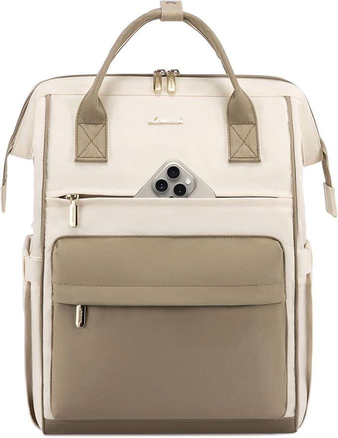 LOVEVOOK Laptop Backpack for Women, 17 Inch Work Teacher Nurse Bag, Large Capacity Business Computer Backpack Purse with USB Port, Stylish Casual Daypack for Travel,Beige&Khaki