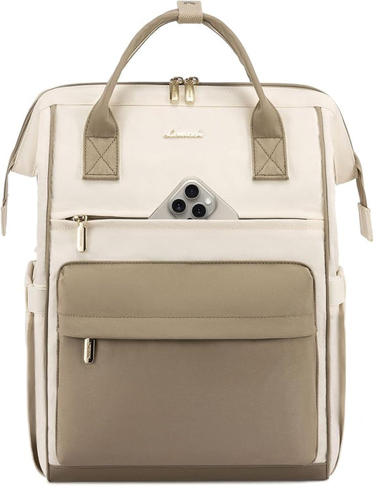 LOVEVOOK Laptop Backpack for Women, 17 Inch Work Teacher Nurse Bag, Large Capacity Business Computer Backpack Purse with USB Port, Stylish Casual Daypack for Travel,Beige&Khaki