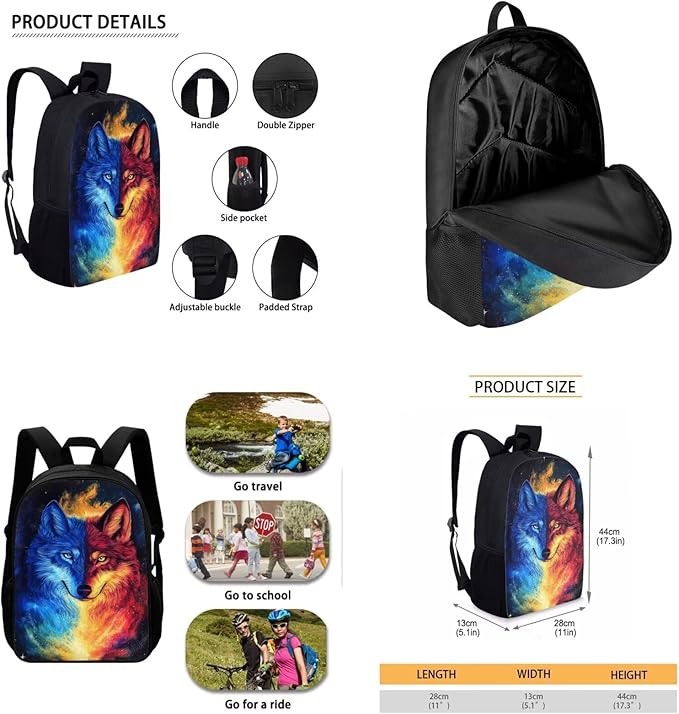 CLOHOMIN Fire Wolf Kids Bookbag with Lunch Box 6th Grade Cool Backpack and Lunch Bag Set for Boys Girls 12-14 Years Old Elementary School Schoolbags Set with Lunch Tote Pencil Case, 3 in 1