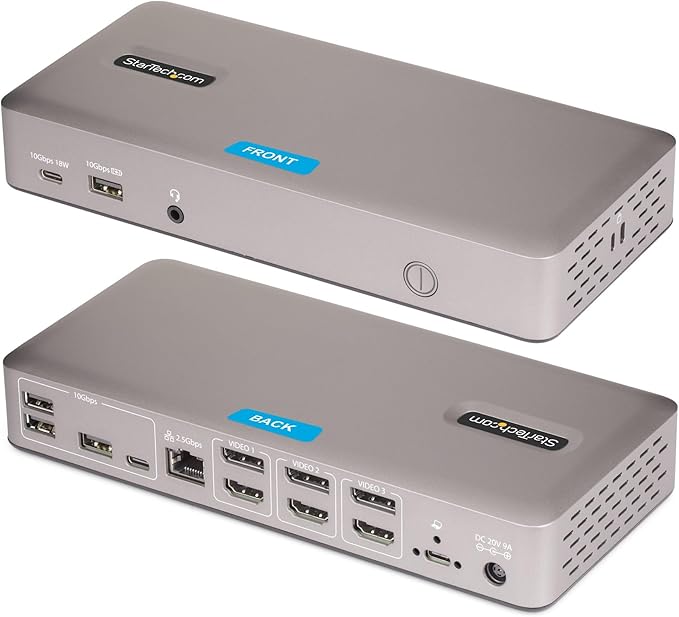 StarTech.com USB-C Docking Station (USB4), Triple 4K 60Hz Monitors, Up to 100W Laptop Charging, 2.5GbE, Driverless, Not macOS Compatible