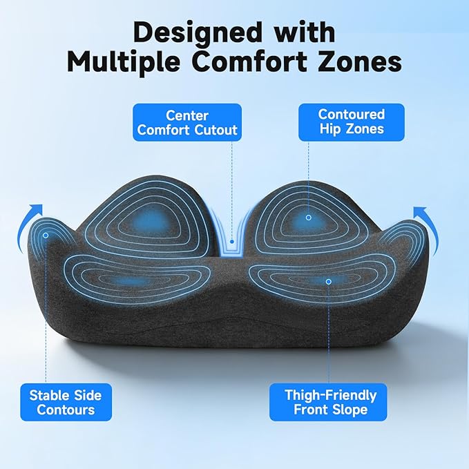 Ergonomic Seat Cushion for Office Chair, Large U-Shaped Memory Foam Chair Cushion for Tailbone, Coccyx, Hip & Lower Back Pressure Relief, Comfortable Desk Chair Pad for Office, Gaming & Long Sitting