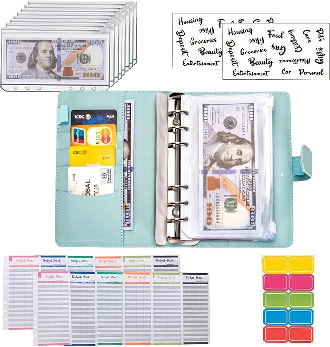 NICOOTHBudget Binder Cash Envelopes A6 Money Saving Binder with Zipper envelopes (Blue)