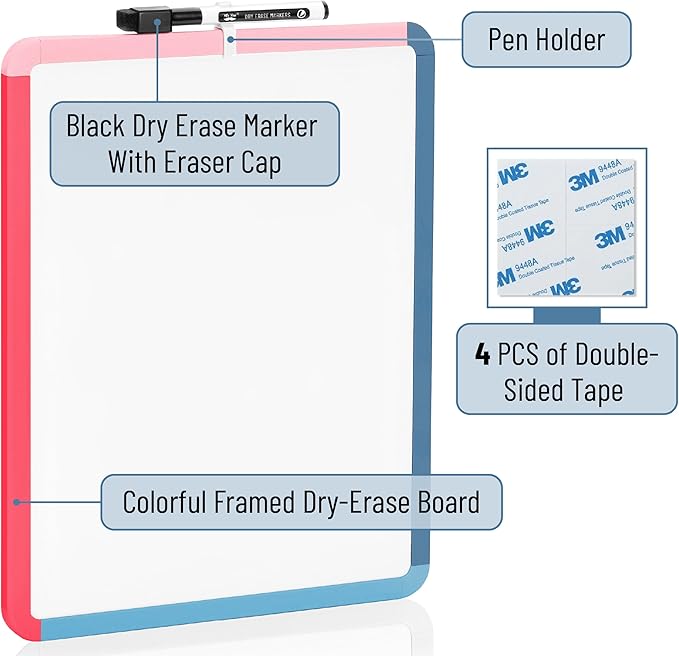 Mr. Pen- Dry Erase Board, 14” x 11” with a Black Dry Erase Marker, Small Mini White Board for Students