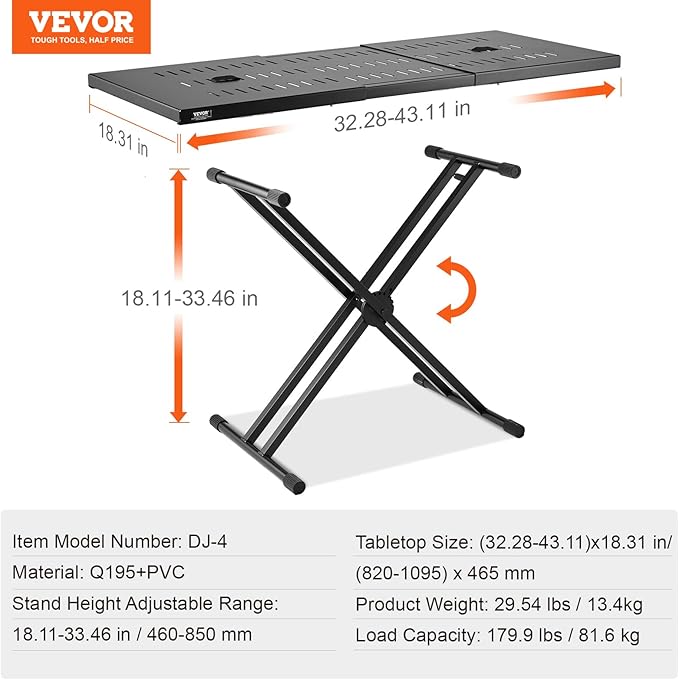 VEVOR DJ Table Stand, (32"-43") x 18" Portable DJ Laptop and Controller Stand, Lightweight DJ Desk DJ Booth Adjustable Height DJ Stand, Foldable Double-X Keyboard Stand & Tabletop, Audio Mixer Stand
