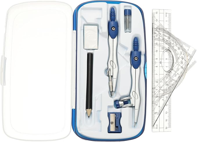 PATIKIL Geometry Precision Tool Set, 11 Pcs Geometry Set Compass Tool with Shatterproof Storage Box Rulers Math Compass Kit for Math Drafting Supplies, Dark Blue(Style 1)