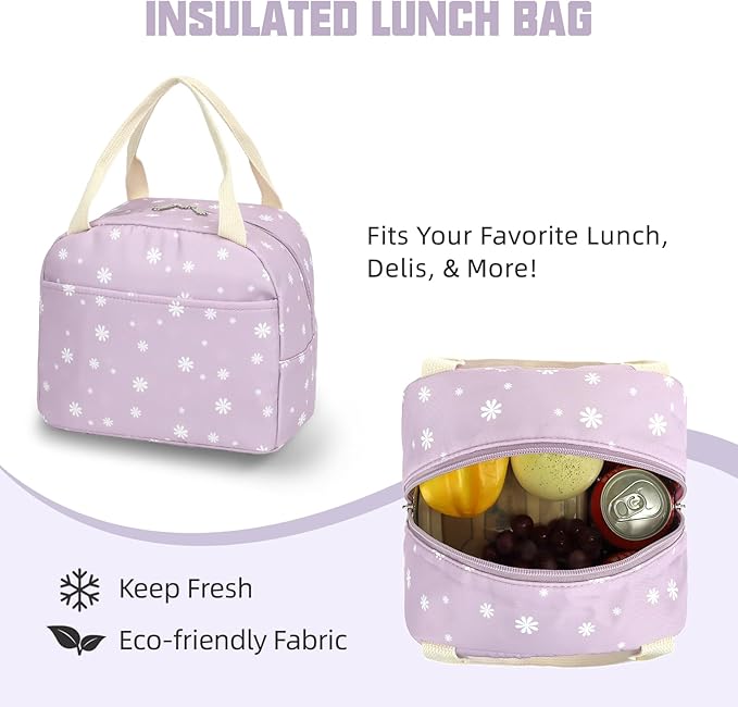 Flowers School Backpack for Girls, 3PCS Bookbags Set with Lunch Box Pencil Pouch Elementary Middle School Bag Laptop Back Packs (Daisy Purple)