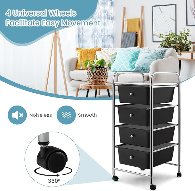 COSTWAY Rolling Storage Cart with 4 Drawers, Plastic Storage Cart and Organizer w/ 4 Removable Drawers, Multipurpose Organizer Cart for Home Scrapbook Paper Office School Tools (Black)