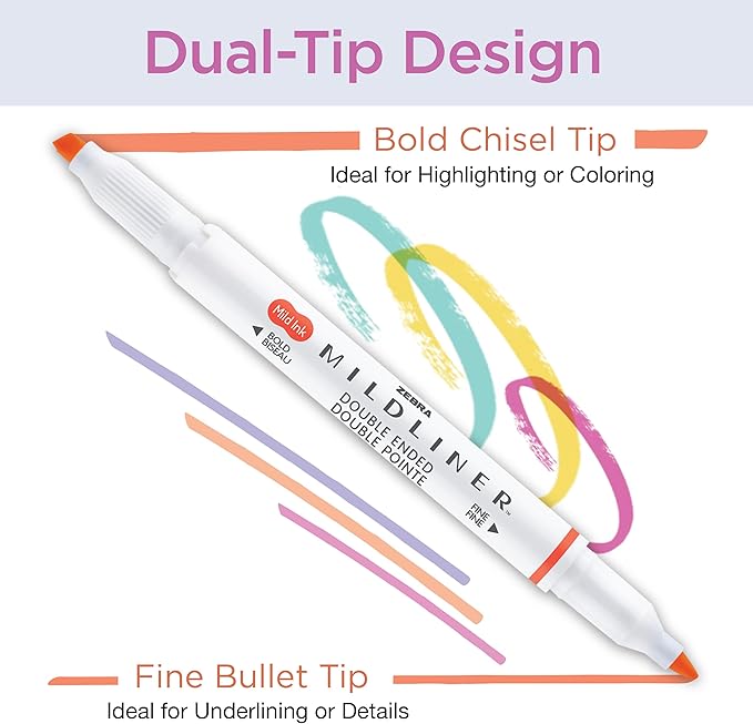 Zebra Pen Mildliner Dual-Tip Highlighter Set, Broad and Fine Point Tips, No Bleed, Ideal for Bible Highlighting, Journaling, School and Office Supplies, Assorted Gentle Ink Colors, 5-Pack (78705)
