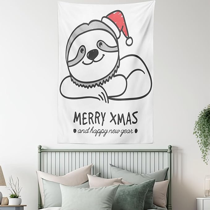 Ambesonne Sloth Tapestry, Smiling Animal Christmas Hat Merry Xmas and Happy New Year Celebration, Wall Hanging for Bedroom Living Room Dorm Decor, 40" X 60", Grey Red Black