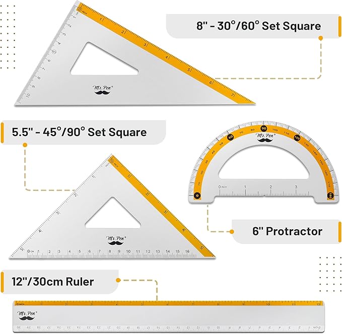Mr. Pen- Geometry Set, Yellow Stripes, 4 Pack, Metal Geometry Kit, Triangle Ruler, Metal Ruler, Drafting Triangles, Metal Protractor, Metal Set Square, Drafting Ruler, Drafting Set