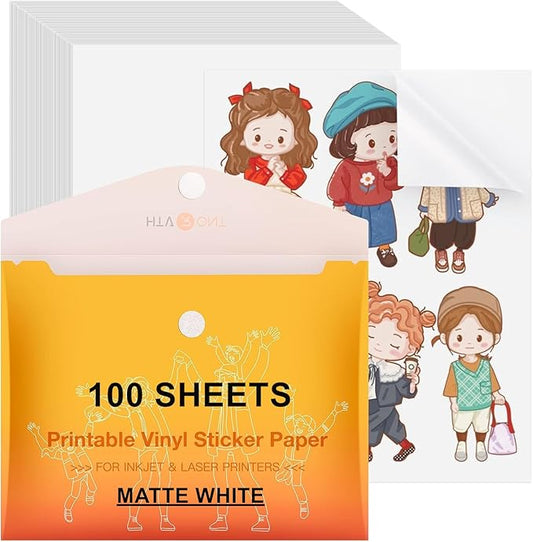 HTVRONT Printable Vinyl Sticker Paper, 100 Sheets Matte Waterproof Sticker Paper For Inkjet Printer Dries Quickly-Standard Letter Size 8.5"X11"