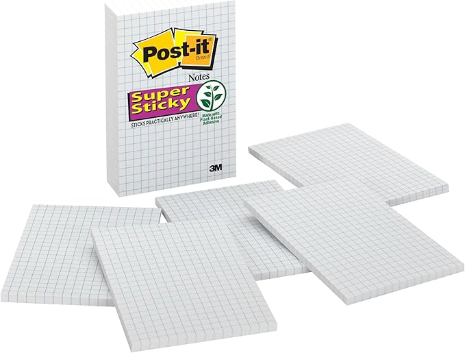 Post-it Super Sticky Notes, 4x6 in, 3 Pads, 2X The Sticking Power, White with Blue Grid Lines, Recyclable (660-SSGRID)