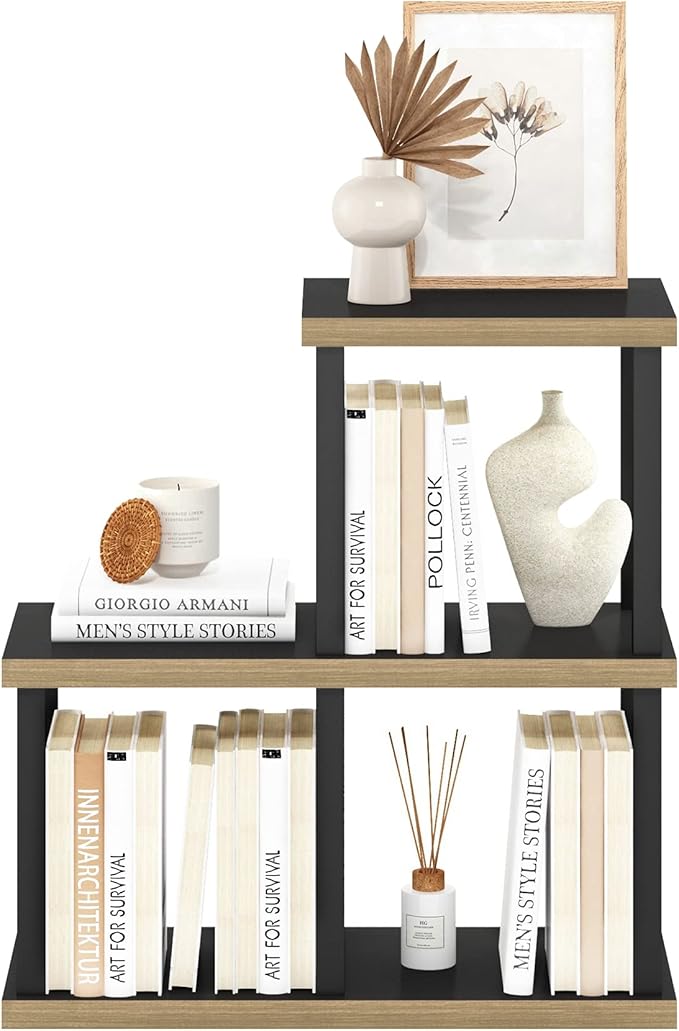 Furinno Turn-N-Tube Storage Shelves, 3-Cube Book Shelf, Accent Display Shelf, Toolless Open Shelves, Square Tubes, for Organization and Storage, Living Room, Garage, Home Office, Dark Americano
