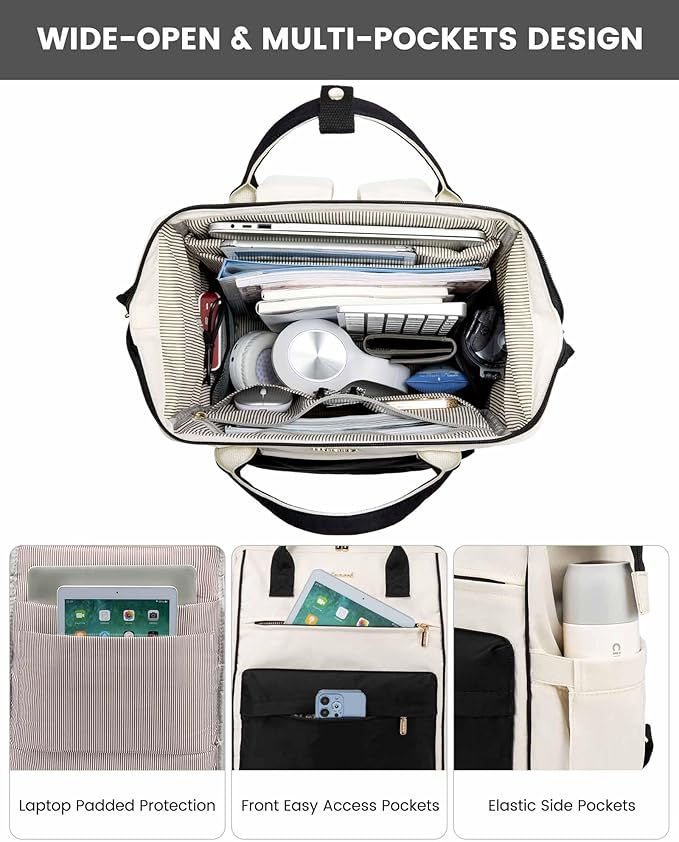 LOVEVOOK Laptop Backpack for Women, 17 Inch Work Teacher Nurse Bag, Large Capacity Business Computer Backpack Purse with USB Port, Stylish Casual Daypack for Travel,Beige&Black