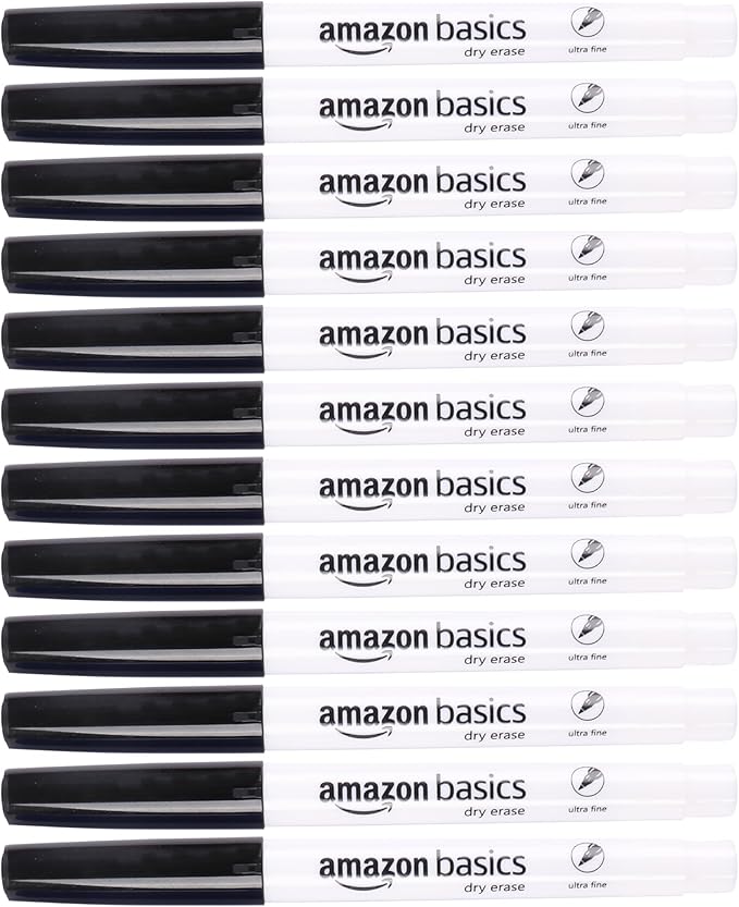Amazon Basics Low Odor Ultra Fine Tip Dry Erase Whiteboard Markers for Teacher Supplies, Black, 12-Pack